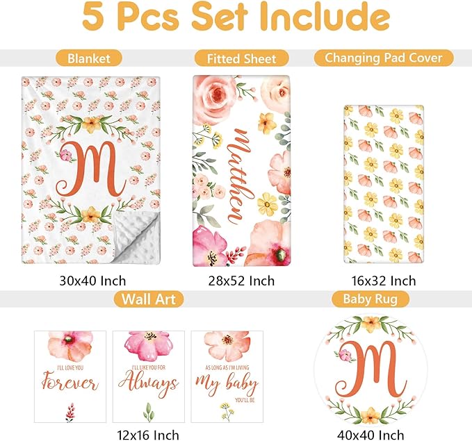 Custom Baby Bedding Set - 5 Pcs Customized Nursery Bedding Set with Name - Comfortable Double Layer Crib Sets for Girls Boys - Personalized Gifts for Toddler Infant New Parents - Orange Flowers
