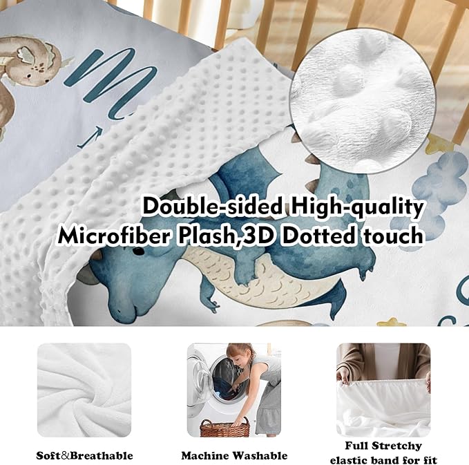 Personalized Baby Crib Bedding Set for Baby Boys Girls, Blue Dinosaur Design Custom Name Baby Crib Sets 5-Pcs, Toddler Double Layer Blanket Fitted Sheets Changing Pad Cover Rug Wall Art Set