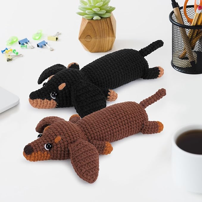Crochet Kit for Beginners - 2 PCS Dachshund Crochet Kits with Step-by-Step Video Tutorials, Beginner Crochet Kit for Adults, Crochet Animal Kit for Kids, Dog Craft Knitting Kit