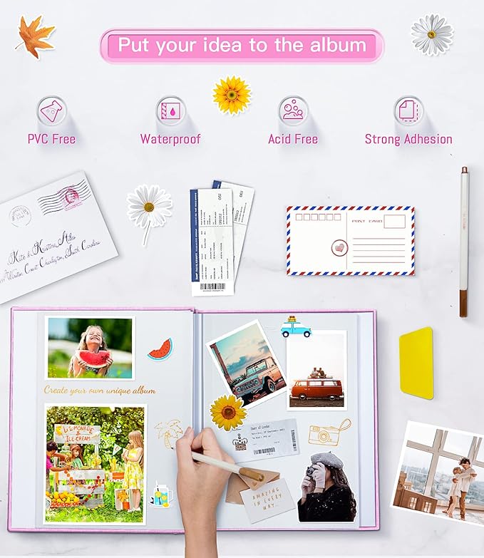 popotop Photo Album Self Adhesive with Picture Display Window,60 Pages DIY Scrapbooking Supplies Kit for 4x6 10x12 Picture,Linen Cover Memory Book for Baby Wedding, with Scraper and Metallic Pen