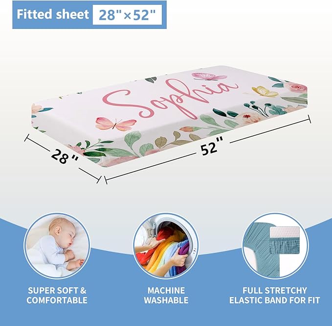 Personalized Baby Crib Bedding Set, 5 Pcs Custom Baby Crib Sets with Name, Double Layer Butterfly Nursery Bedding Set for Girls, Soft Flannel Baby Bedding Set, Toddler Infant Customized Gift