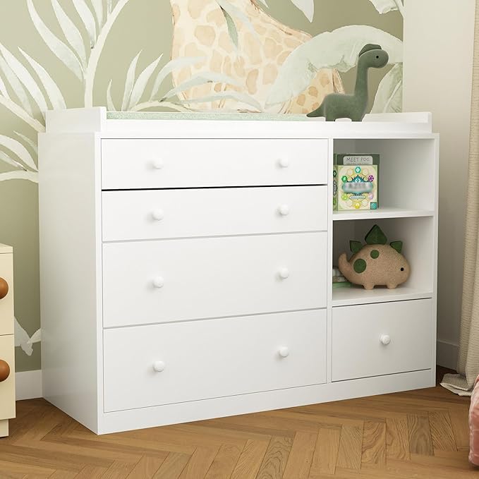 Changing Table Dresser, Baby Classic Nursery Dresser with 5 Drawers and 2 Shelves, Multi-Functional Baby Changing Table, Diaper Changing Station for Children's Room, White