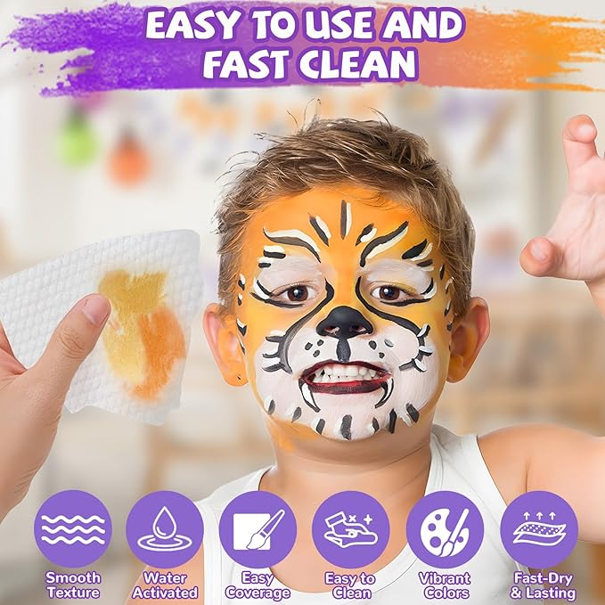 Professional Face Painting Kit for Kids – 42 Color Water Activated Facepaint Makeup Kit, Non-Toxic face Paint with Stencils, Gems, Brushes– for Halloween, Parties, Carnival, School Event & Festivals