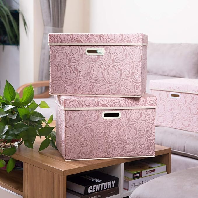 PRANDOM Larger Collapsible Storage Cubes with Lids Fabric Decorative Storage Bins Boxes Organizer Containers Baskets with Cover Handles for Bedroom Closet Living Room 17.7x11.8x11.8 Inch 3 Pack