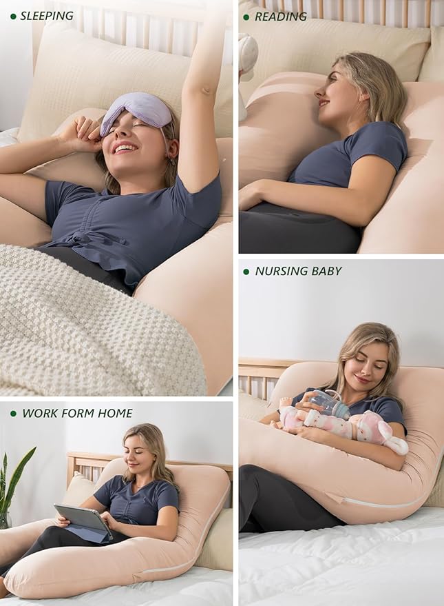 Meiz Pregnancy Pillows, Pregnancy Pillows for Sleeping Cooling, U Shaped Full Body Pillow for Adult, Rayon Cover from Bamboo, Light Apricot