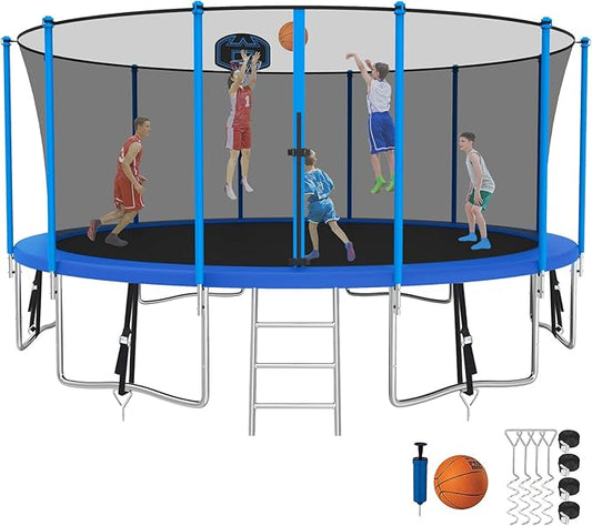SKYUP Tranpoline 1500LBS 16 15 14 12 10 8 FT Tranpoline for 7-10 Kids and Adults, Windproof Outdoor Tranpoline with Enclosure Net, Basketball Hoop, Easy to Install & Last Long - ASTM Approved