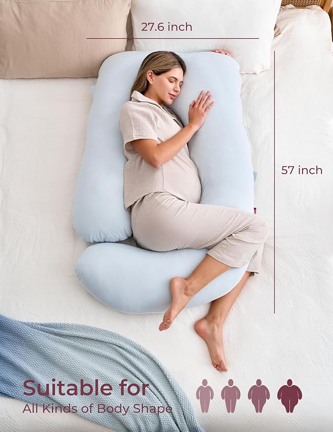 Momcozy Pregnancy Pillows for Sleeping, U Shaped Full Body Pillow 57 Inch for Pregnant Women with Back, Hip, Leg, Belly Support, Washable Jersey Cotton Cover Included, Light Blue