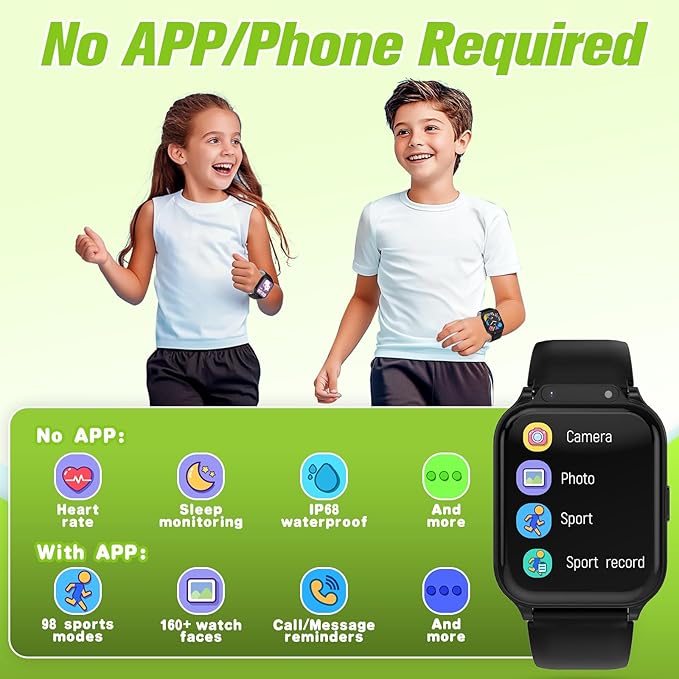 Smart Watch for Kids 1.85" with Fitness Tracker, Sleep Monitor, 22/100+ Sport Modes, DIY Dial, IP68 Waterproof, Step Counter, Heart Rate, Camera, with/Without APP, Gift for 3-12 Years Old Boys Girls