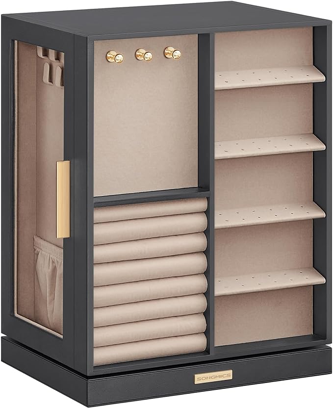 SONGMICS Jewelry Box 360° Rotating, Jewelry Storage Case with 5 Drawers, Jewelry Organizer, Glass Window, Spacious, Vertical Jewelry Storage, Open Design, Great Gift, Slate Gray UJBC170G01