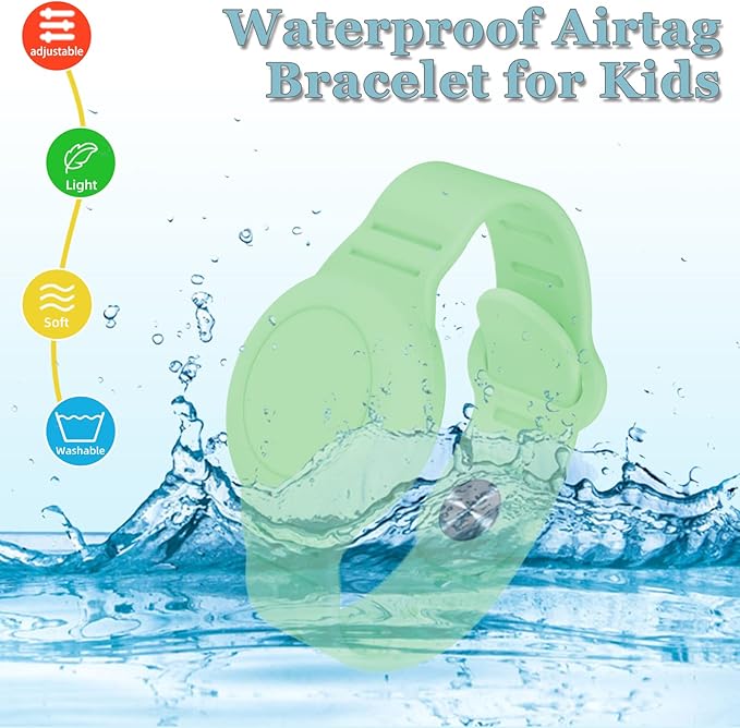 Kids Waterproof Airtag Bracelet Compatible with Apple AirTag, Hidden Silicon Protective Case for Air Tag GPS Tracker Holder, Adjustable Anti-Lost Watch Band for Toddler Child (Green)