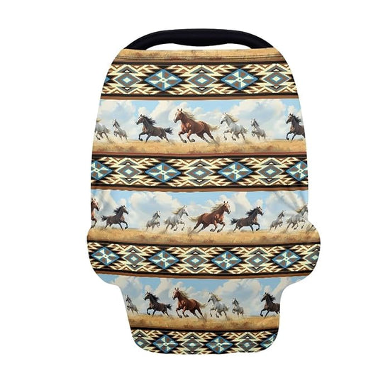 Binienty Car Seat Covers Canopy Cover for Babies, Western Aztec Horse Nursing Carseat Canopy Multifunction Breastfeeding Covers Fits Stroller, High Chair, Shopping Cart