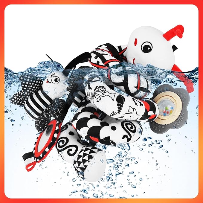 Car Seat Toys for Babies, 0-6 Months Stroller Activity Black White Baby Spiral Plush Toys Newborn High Contrast Sensory Carseat Toys with 4 Pendants Hanging Boys Girls Gift