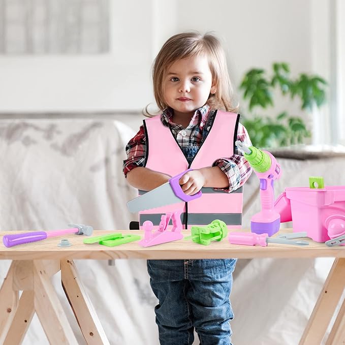 Kids Tool Set, Pink Toy Tool Set for Girls with Electric Drill, Hammer, Planer, Working Vest, Accessories and Storage Box, Construction Pretend STEM Toy Tool Kit for Toddlers Age 3 Years and Up