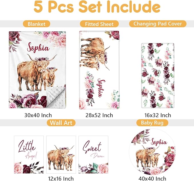 Custom Baby Crib Bedding Set, 5 Pcs Personalized Name Baby Crib Sets for Infant Toddler, Purple Highland Cow Nursery Bedding Set for Baby Girls, Double Layer Baby Bedding Sets Customized Gifts