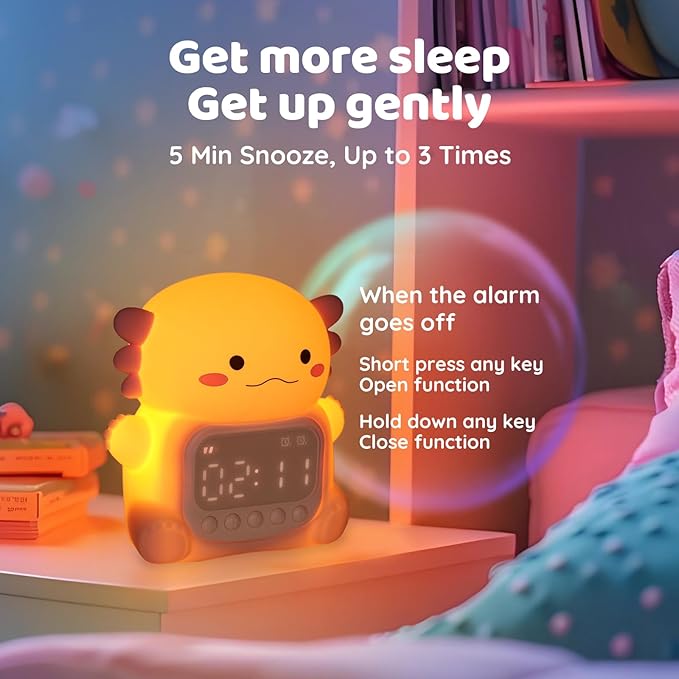 Axolotl Alarm Clock with Night Light for Kids, Rechargeable Silicone Lamp Time to Wake Clock，Cute Animal Tabletop Lamp, Perfect Sleep Companion for Boys Girls