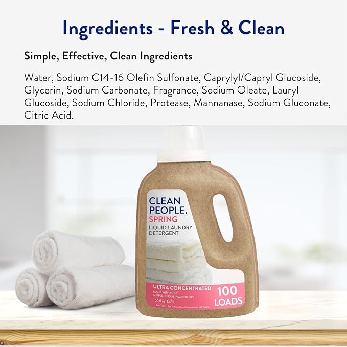 The Clean People Liquid Laundry Detergent - Recyclable Packaging, Stain Fighting - Ultra Concentrated, Laundry Soap - Spring Scent, 50 fl oz