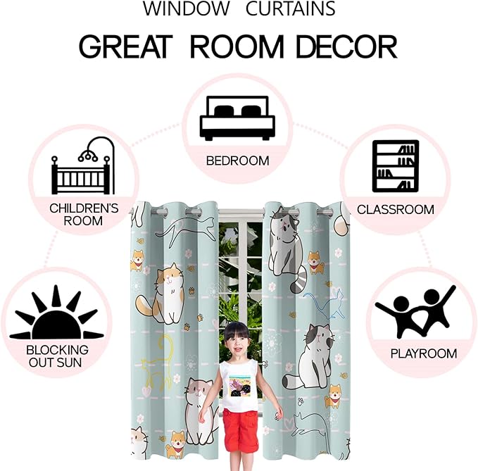 Lovely Cat Blackout Curtains 2 Panels 63" Inch Drapes for Kids Nursery Bedroom Kids Blackout Curtains Animal Themed Grommet Top Thermal Insulated Curtains for Nursery, 82 in x 63 in