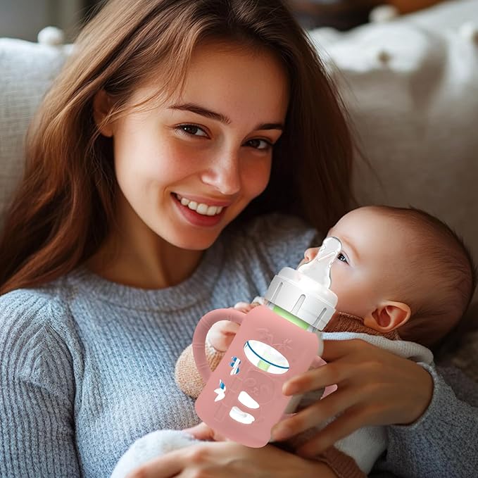 BUSOHA 3 Pack Silicone Sleeves for Dr. Brown's Glass Baby Bottles - Drop Protection Baby Bottle Sleeves,Compatible with Dr. Brown's Newborn Glass Bottles,with Silicone Handles,4 oz