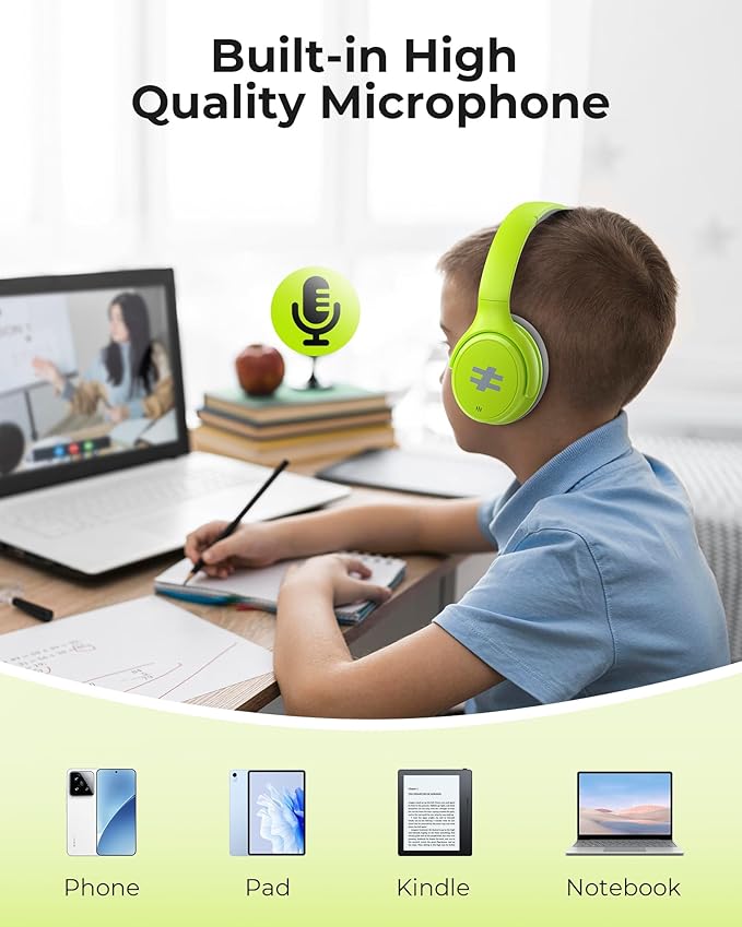 seenda Kids Wireless Active Noise Cancelling Headphones, 60H Playtime, Safe Volume (74/85/94dB), Bluetooth 5.4, Type-C Foldable Headphones with Mic for School, iPad, Airplane, Travel, Green