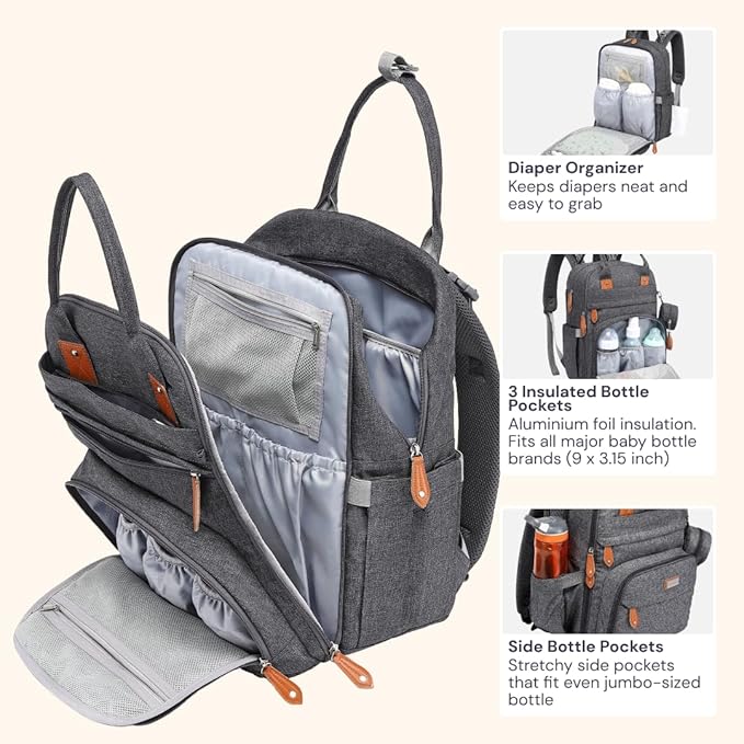 BabbleRoo Diaper Bag Backpack - Baby Essentials Travel Tote - Multi Function Waterproof Diaper Bag, Travel Essentials Baby Bag with Changing Pad, Stroller Straps & Pacifier Case - Unisex, Dark Gray