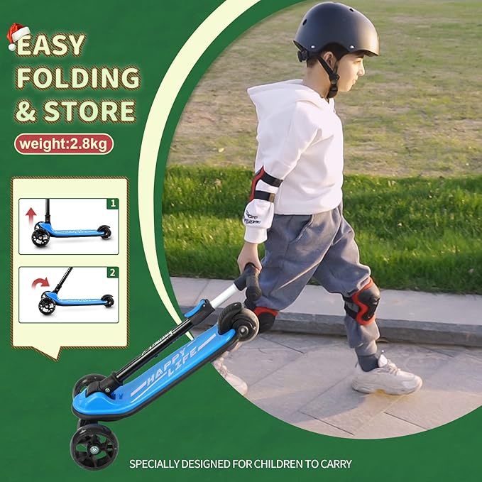 Besrey Kick Scooter for Kids Ages 3-10, 3-Wheel Folding Scooter with Adjustable Height, LED Light Wheels, Extra Wide Deck for Outdoor Activities