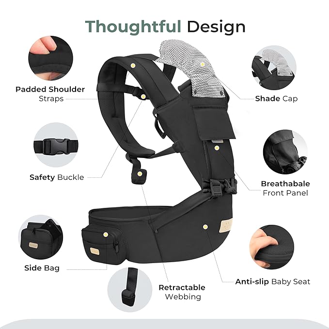 FRUITEAM 6-in-1 Baby Carrier with Waist Stool/Hip Seat for Breastfeeding, One Size Fits All - Adapt to Newborn, Infant & Toddler (Cool Black)