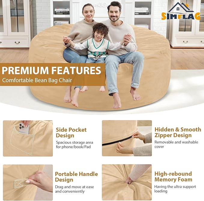 6FT Bean Bag Chair, Large Bean Bag Chairs with Memory Foam Filled, Fluffy Beanbag Sofa with Dutch Velvet Cover, Round BeanBag Chairs for Living Room, Playroom - Khaki