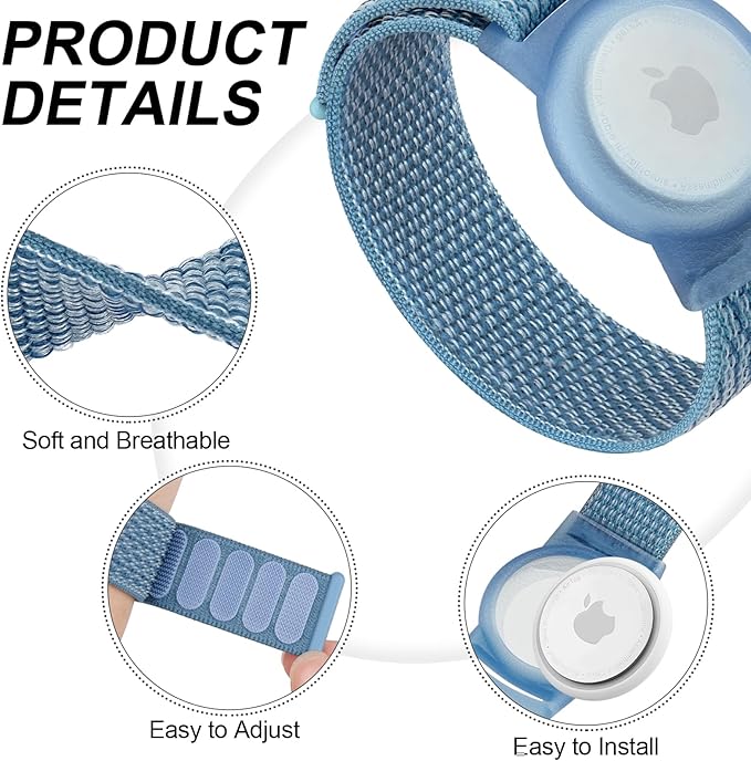 Kids Wristband Protective Case Compatible with Apple AirTag, Adjustable Nylon Bracelet for Air Tag GPS Tracker Holder with Anti Lost Watchband for Toddler Child Kids (Blue)