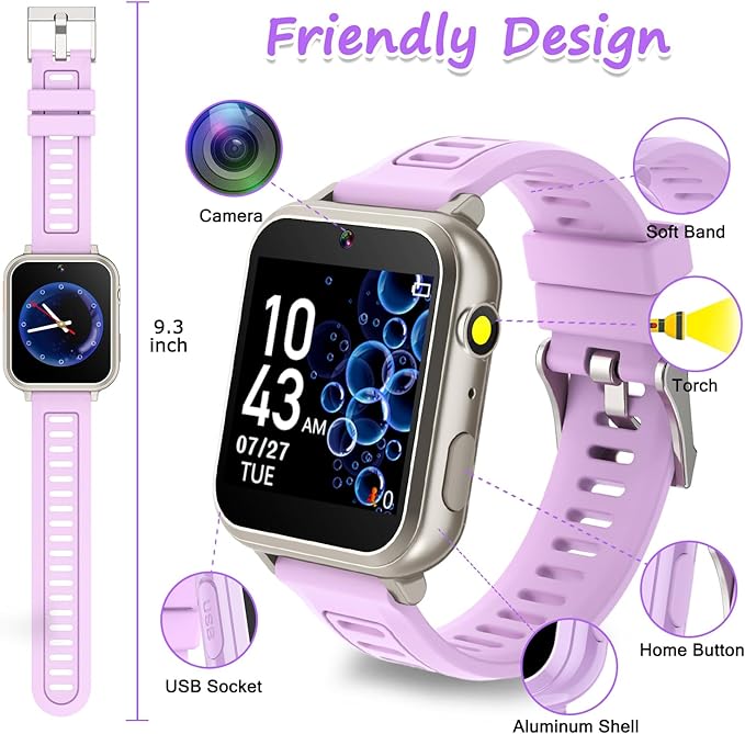 Smart Watch for Kids Ages 4-12, 24 Puzzle Games HD Touch Screen Camera Alarm Clock Birthday Gift for Girls 6-9 Years Old
