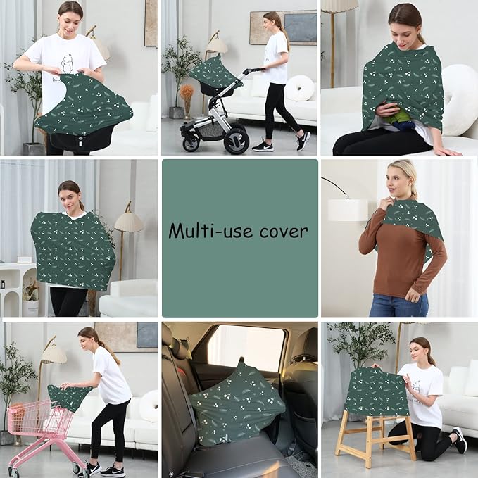 Carseat Covers for Baby Breastfeeding – Multi use Car Seat Canopy Cover, Infant Stroller Canopy Cover for Girls (Green Print)