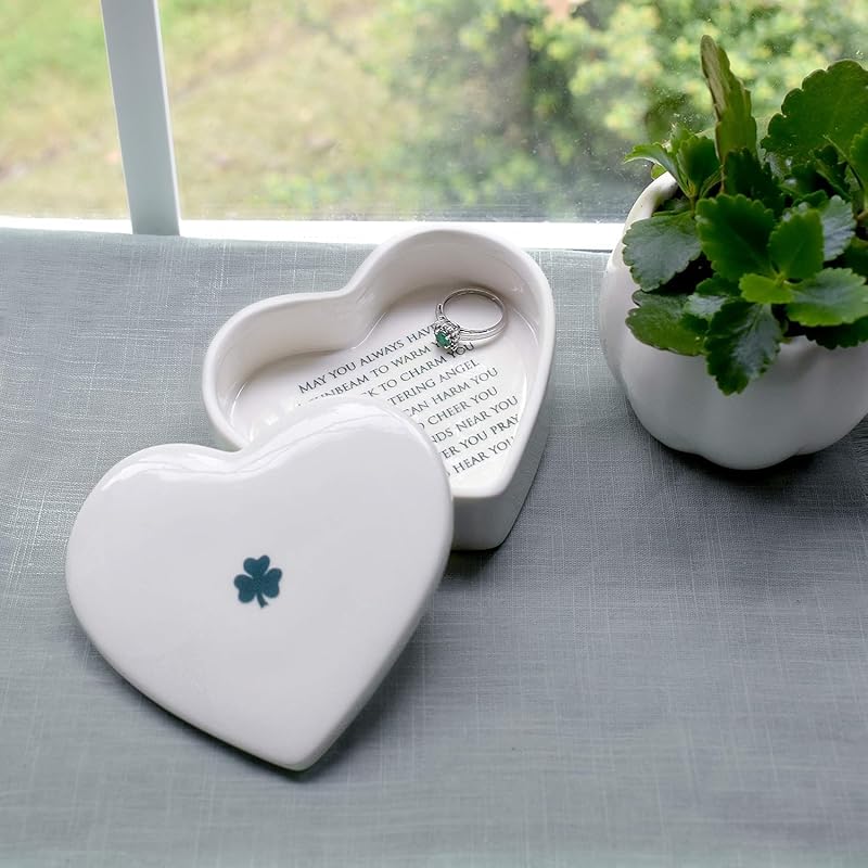 Baptism Gift, First Communion Gift, or Confirmation Gift, Handmade Heart Ceramic Keepsake Box with Irish Blessing and Shamrock in Green