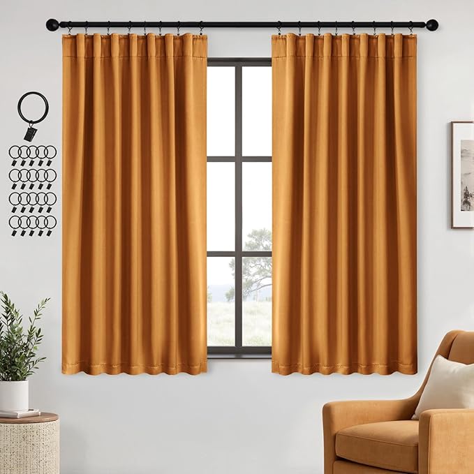 ANRODUO Back Tab Blackout Curtains for Bedroom Living Room, Rod Pocket Pinch Pleated Thermal Insulated Room Darkening Curtains 54 Inches Long 2 Panels, Mustard Yellow, 42 x 54 Inch