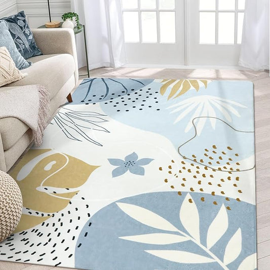 Lahome Boho Blue Area Rug for Living Room - 5x7 Rug Machine Washable Non-Slip Soft Bedroom Rugs Ultra-Thin Large Rug for Dining Room, Botanical Print Indoor Modern Rug for Classroom Nursery Office