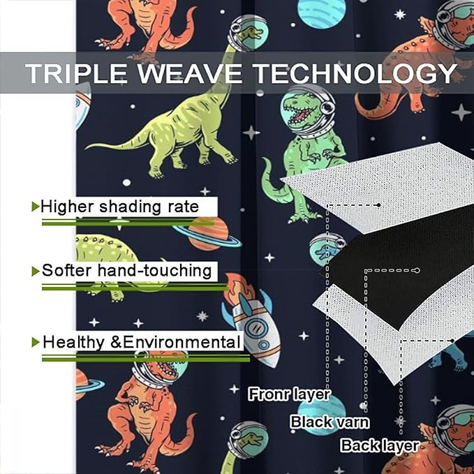 Cartoon Dinosaur Curtains for Kids Boys Girls Home Decor, Astronaut Rocket Funny Outer Space Blackout Rod Pocket Window Drapes for Bedroom Living Room W36xL63in 2 Panels