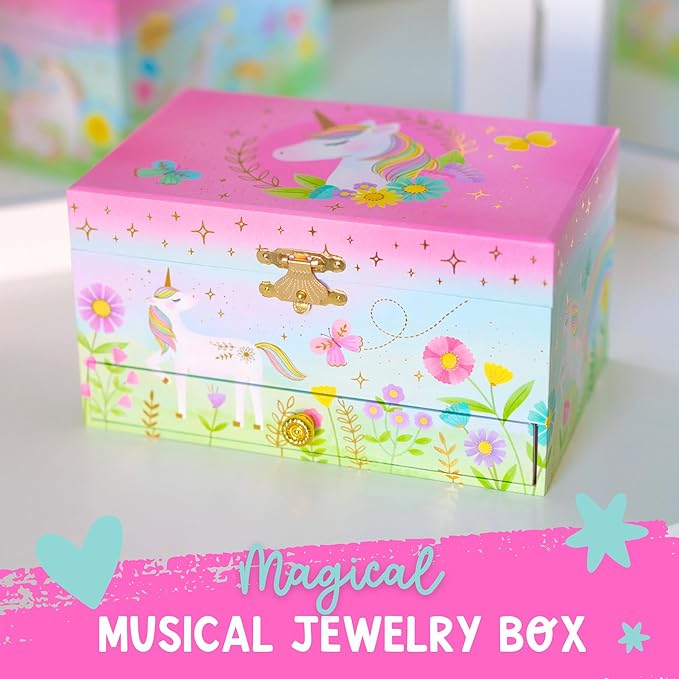 Musical Unicorn Kids Jewelry Box - Girls Jewelry Box with Mirror, Unicorn Toys for Girls Age 4-6
