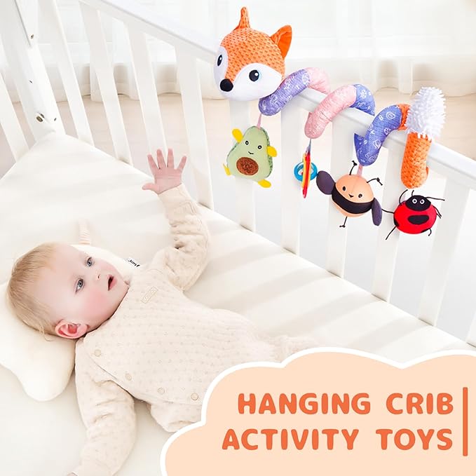 Koty Car Seat Toys, Infant Baby Spiral Plush Activity Hanging Toy for Stroller Bar Pram Crib with Music Box BB Squeaker & Rattles(Orange Fox)