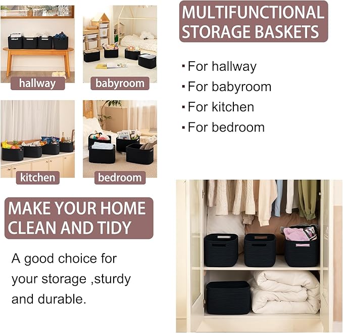 OIAHOMY 4 Pack Storage Baskets for Organizing, Cube Storage Bins for Shelves, Rectangle Storage Baskets With Handles, Woven Baskets for Storage, 12.7''Lx9''Wx7.8''H, Black