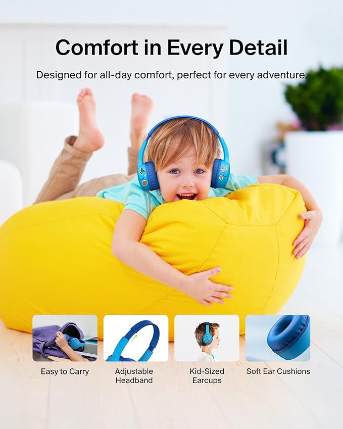 Belkin SoundForm Mini Kids Wired Headphones w/USB C to 3.5mm Dongle, Built-in Mic & Fun Stickers, 85dB Max Volume – for Online Learning, Travel, Compatible w/iPhone 16, iPad, Galaxy S25, etc - Blue