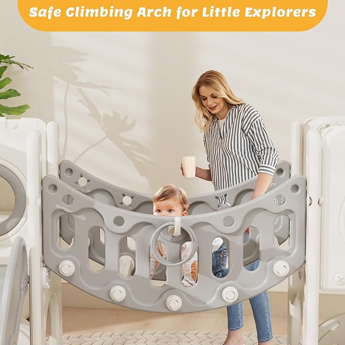 KORIMEFA 11 in 1 Toddler Slide and Swing Set, Kids Slide for Toddlers, Outdoor Indoor Playground for Toddlers 1-3, Toddler PlaySet with Basketball Hoop and Ball Golf Set, Climbing Arch(Grey)