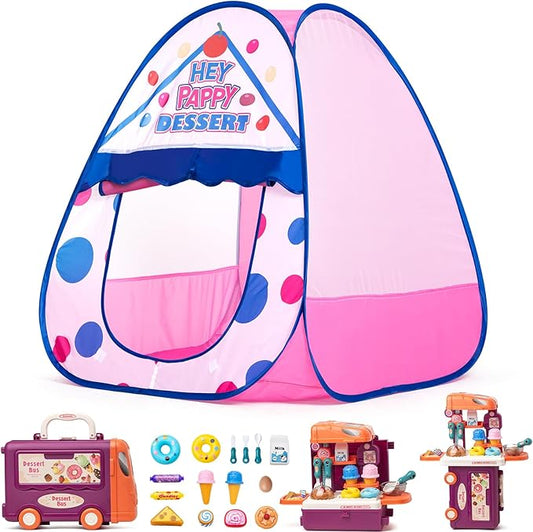 Kids Play Tent, Pop Up Play Tent Dessert Theme with Complete Toy Set, Play Toys Play Set for Kids Indoor Outdoor Pretend Play