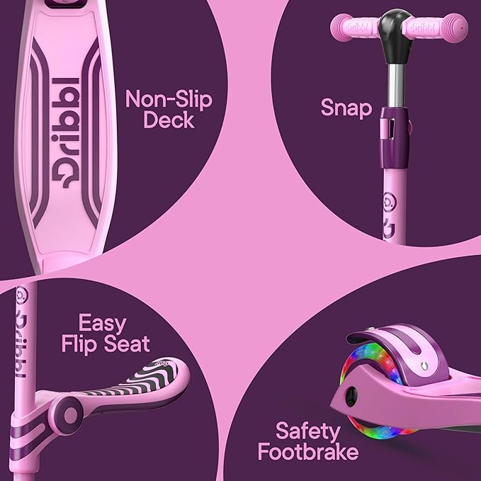 Pink & Purple 3 Wheel Scooter with Seat for Kids – Light-Up LED Wheels, Adjustable Handlebar and Seat, Smooth PU Wheels, Wide Anti-Slip Deck, Rear Foot Brake – Toddler Outdoor Toys for Ages 2+