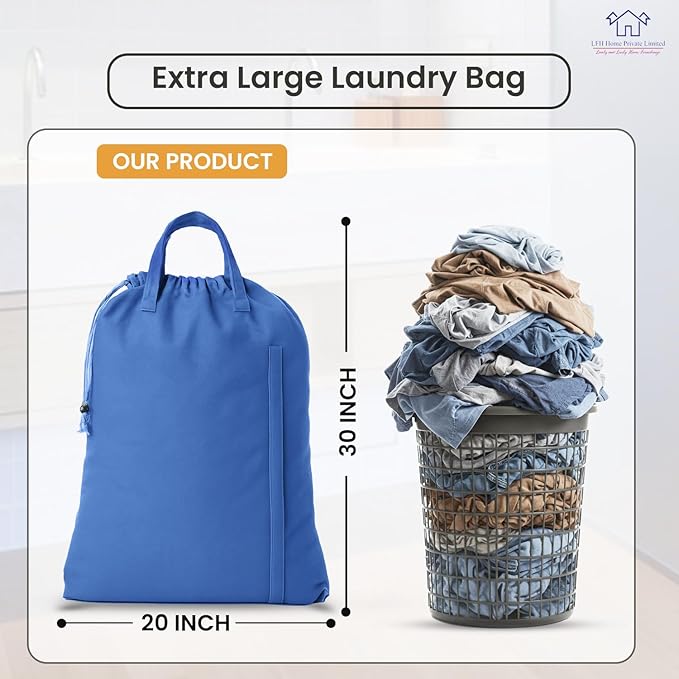 LFH Home Cotton Canvas Large Laundry Bag with Handle, Heavy Duty Drawstring Closure Washable Laundry Bags, School Travel, Home, Hotel, College Dorm, Organizer Sack, Toys Clothes 20x30-Sky Blue