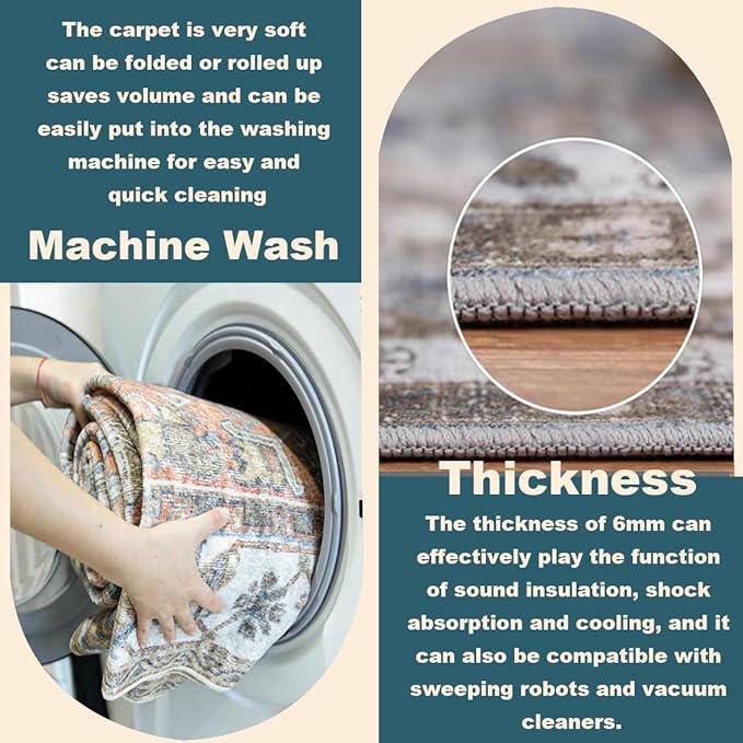 Washable Area Rug 8'x10' Red Blue Retro Boho Design Non-Shedding Non-Slip Easy Care Ideal for High Traffic Areas in Living Room Bedroom Office Coffee Table Kitchen Large Carpet