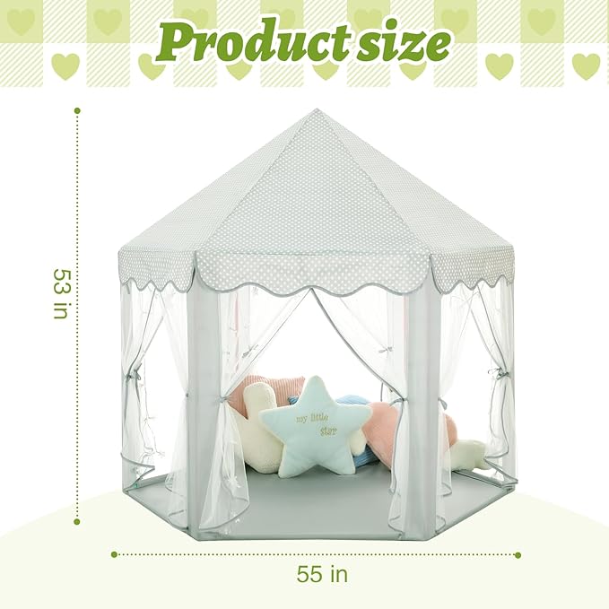 Monobeach Princess Tent Girls Celadon Large Playhouse Kids Castle Play Tent with Star Lights Gift Toy for Children Indoor and Outdoor Games, 55'' x 53'' (DxH)