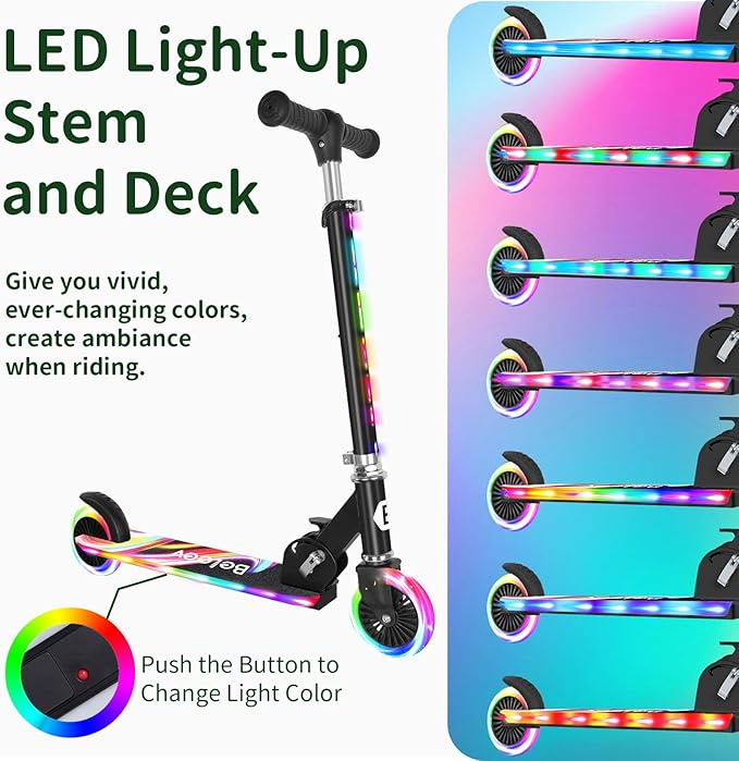 BELEEV V2 Scooters for Kids with Light-Up Wheels & Stem & Deck, 2 Wheel Folding Scooter for Girls Boys, 3 Adjustable Height, Non-Slip Pattern Deck, Lightweight Kick Scooter for Children Ages 3-12