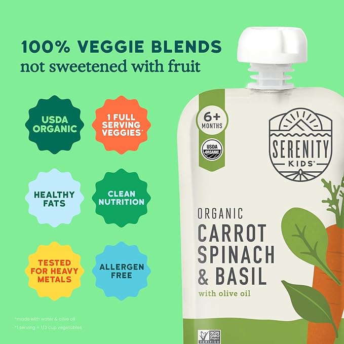 Serenity Kids 6+ Months Veggie Puree Baby Food Pouches - Carrot, Spinach & Basil - USDA Organic Baby Food & Allergen Free - No Added Sugar & BPA Free - 3.5 Oz, 12 Pack