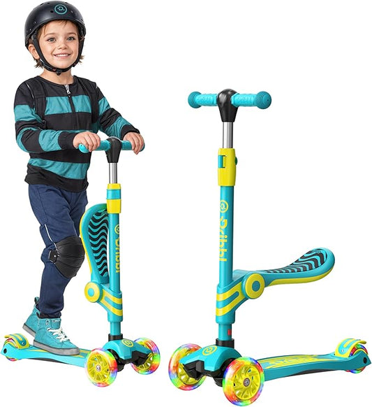 Aqua & Yellow 3 Wheel Scooter with Seat for Kids – Light-Up LED Wheels, Adjustable Handlebar and Seat, Smooth PU Wheels, Wide Anti-Slip Deck, Rear Foot Brake – Toddler Outdoor Toys for Ages 2+
