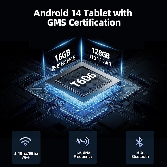 Tablet 10 Inch Android 14 Tablet, 16GB RAM 128GB ROM, 1TB Expansion, Octa-core, Large Capacity Battery, 5MP + 8MP Dual Camera, 5G/2.4G WiFi, Bluetooth 5.0, GPS, Drop-Proof Case - Black (Black)