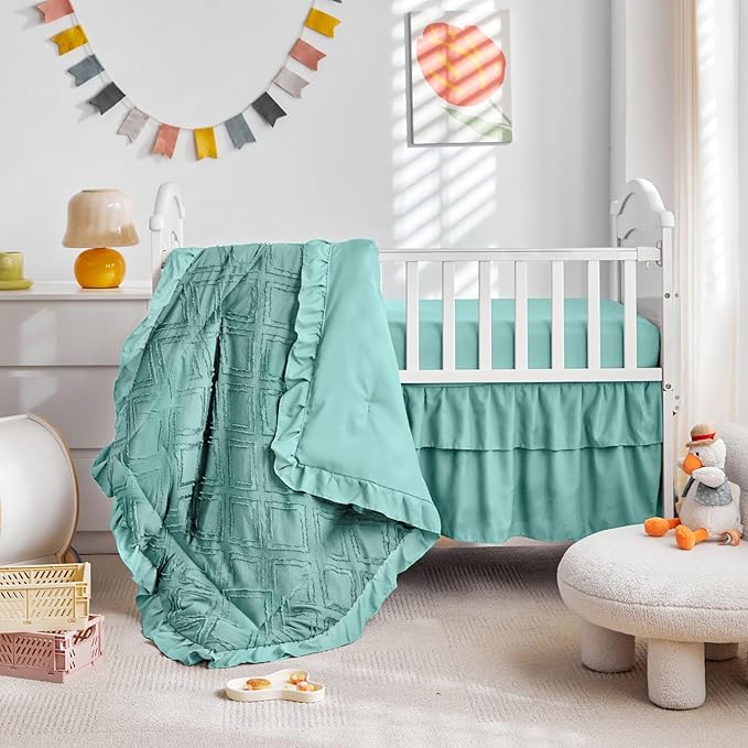 Tufted Ruffle Crib Bedding Set 3 Pieces Baby Girls Boys Boho Quilted Comforter with Fitted Sheet and Bed Skirt - Cute Ruffled Shabby Chic Baby Bedding Soft Blanket Design Teal Blue