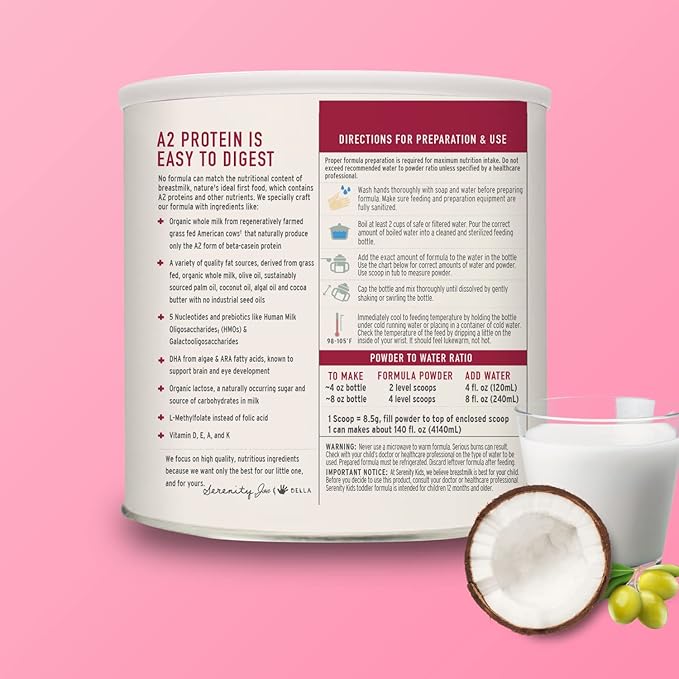 Serenity Kids 12+ Months A2 Whole Milk Toddler Formula Powder - Organic Grass-Fed Toddler Formula with HMO Prebiotics, DHA & ARA - Clean Label Project Purity Award Certified - 12.7 Oz, 1 Pack